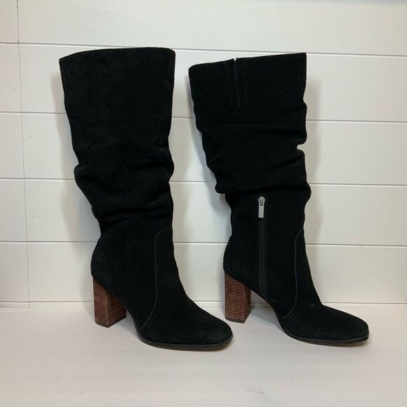 Splendid Gladis Black Suede Leather Ruched Knee High Heeled Boots Size 8.5 - Picture 2 of 16